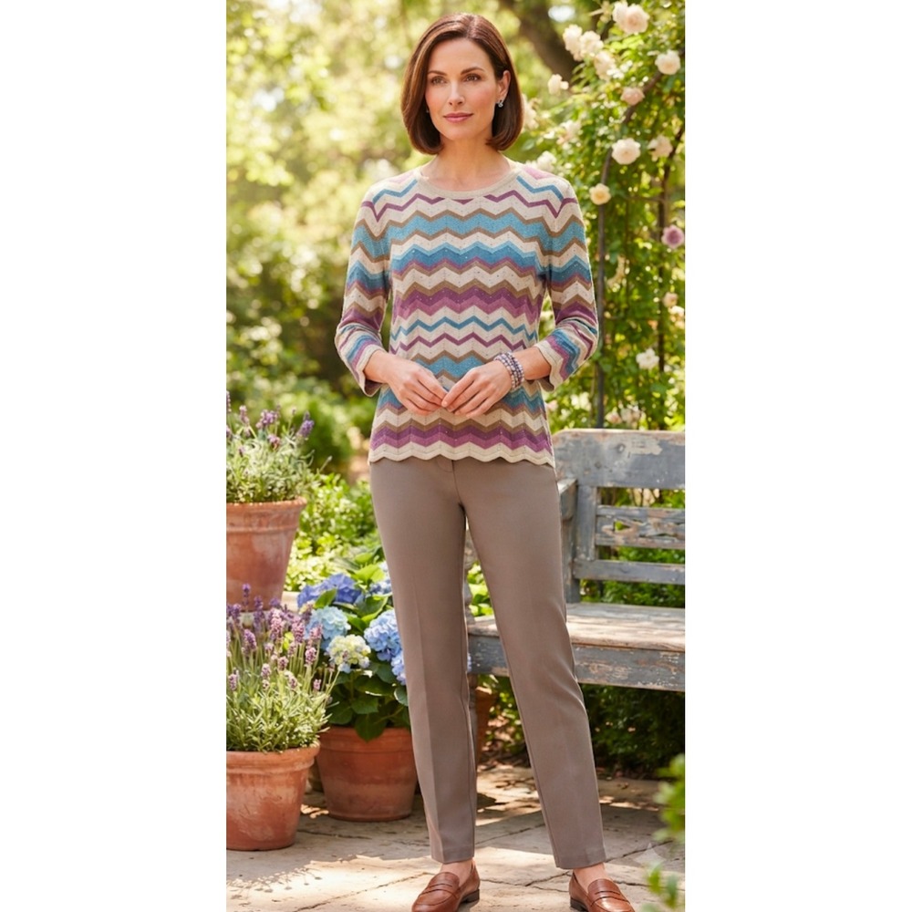 Alfred Dunner Womens Chevron Zigzag Rhinestone Scalloped Knit Sweater Small